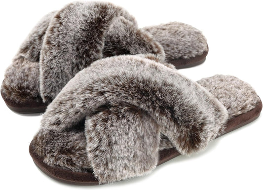 Womens Cross Band Slippers Cozy Furry Fuzzy House Slippers Open Toe Fluffy Indoor Shoes Outdoor Slip on Warm Breathable Anti-Skid Sole